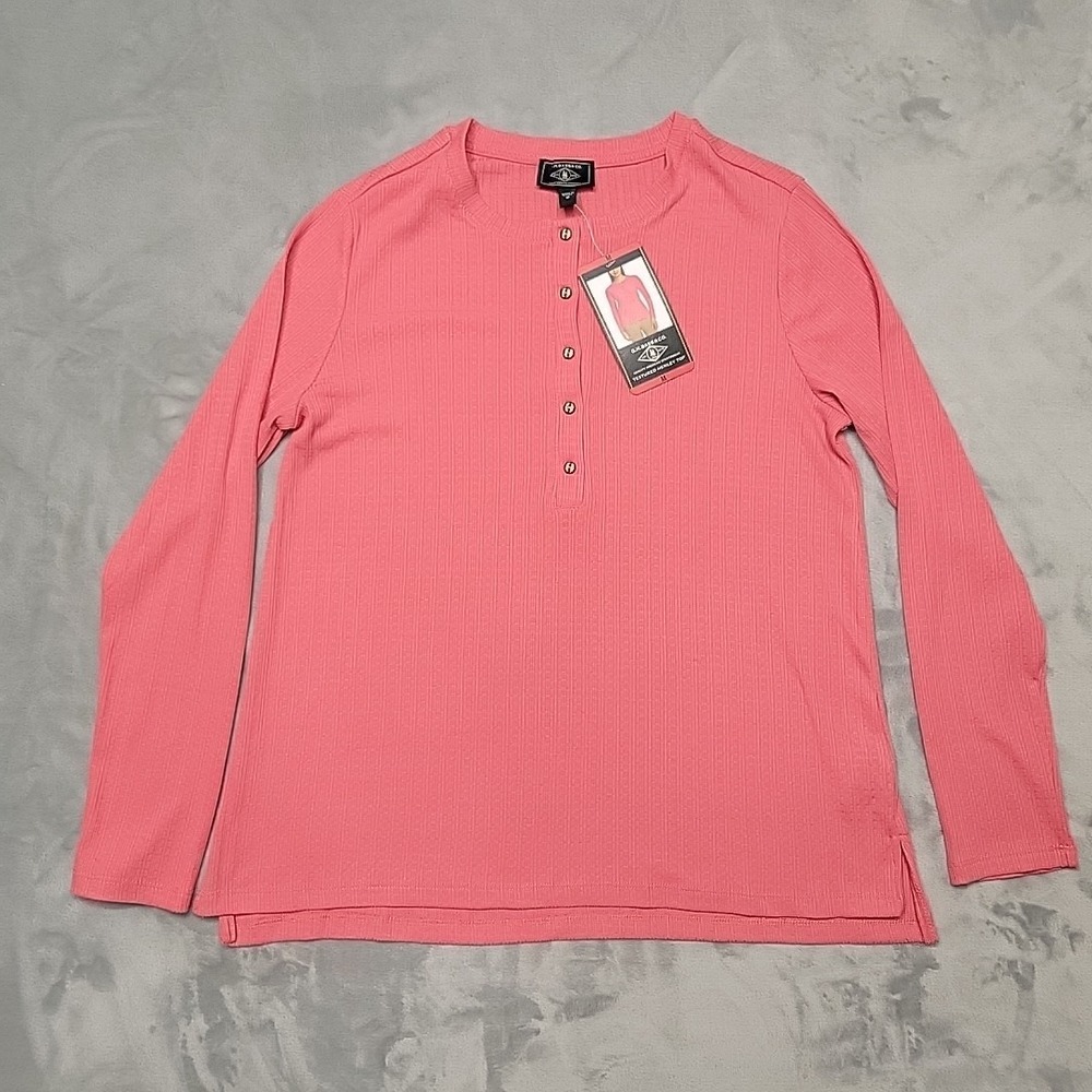 G.H. Bass & Co. Shirt Womens Medium Pink‎ Textured Henley Top Casual Long Sleeve